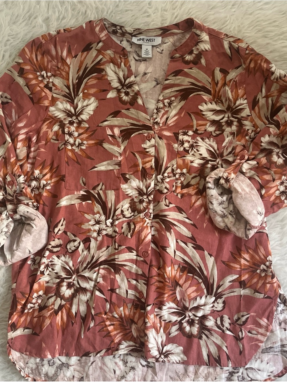 Nine West Rust-Pink Tropical Button-Front Blouse linen blend
